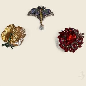 Statement Brooch Set Red Rhinestone Fairy Floral Costume Jewelry